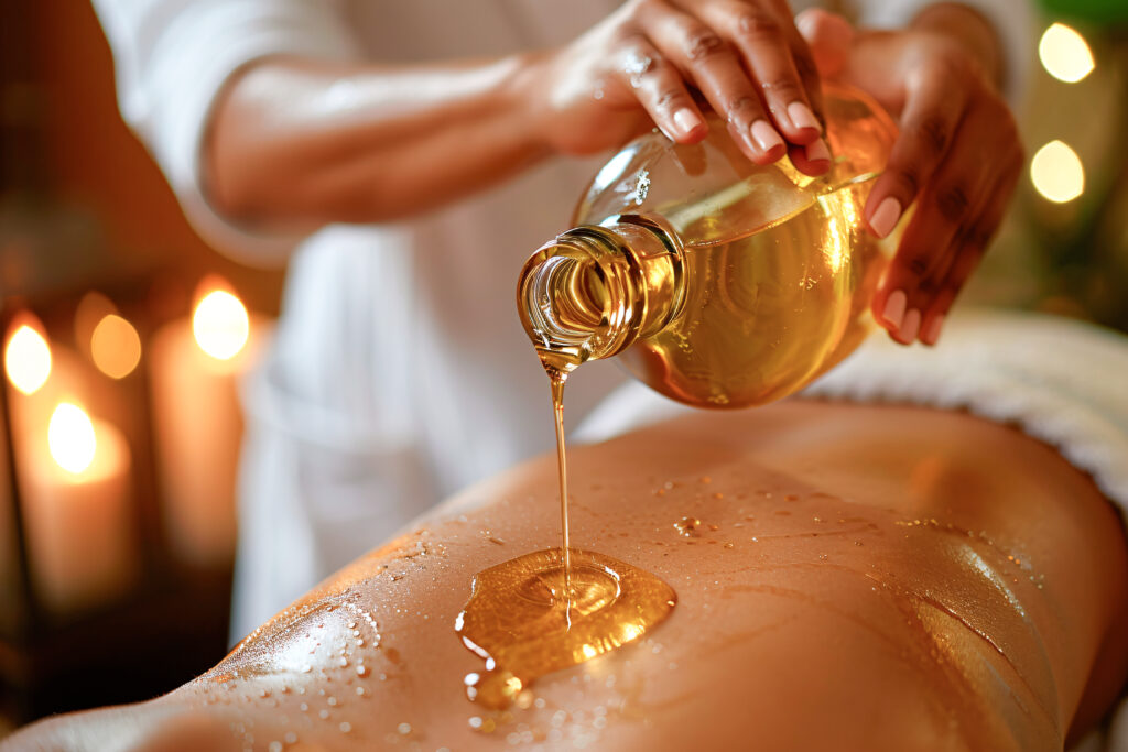 Masseur hand pouring oil to woman back